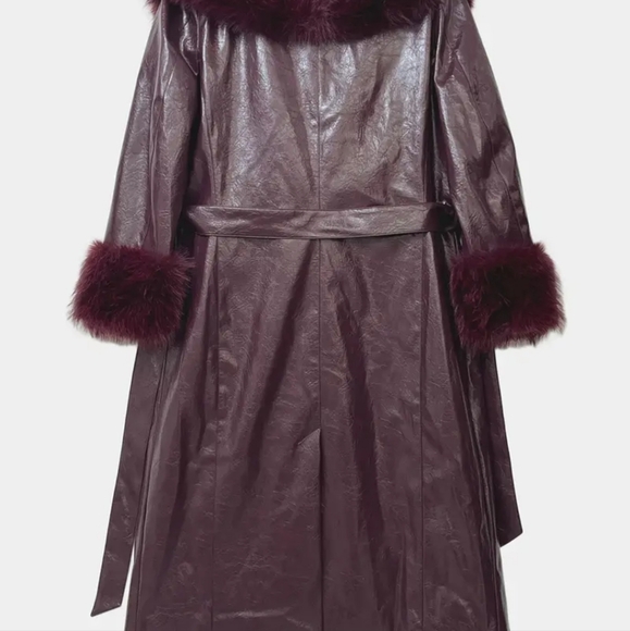 (NEW🔥❗) Burgundy Fur Trim Leather Coat - Picture 5 of 6